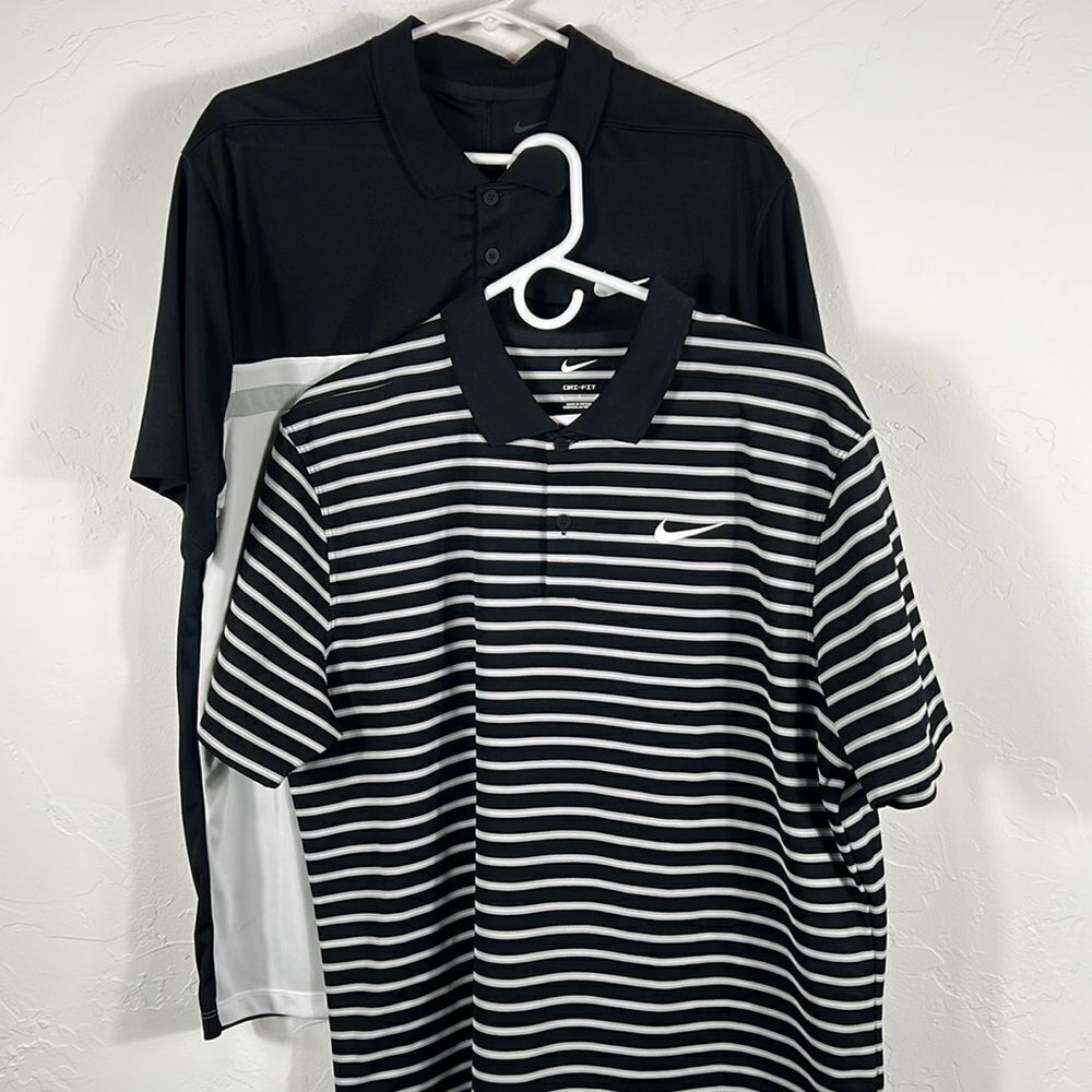 ⛳️🏌️(2) NIKE DRI-FIT GOLF Polo Shirt Black Striped Short Sleeve Men Sz Lg - EUC